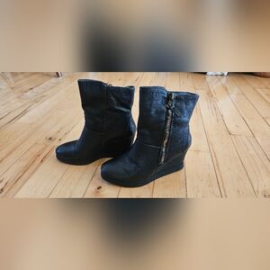 Nicole Wedge Platfoem Ankle Boots Black Leather Zipper Bootie Womens 7M
